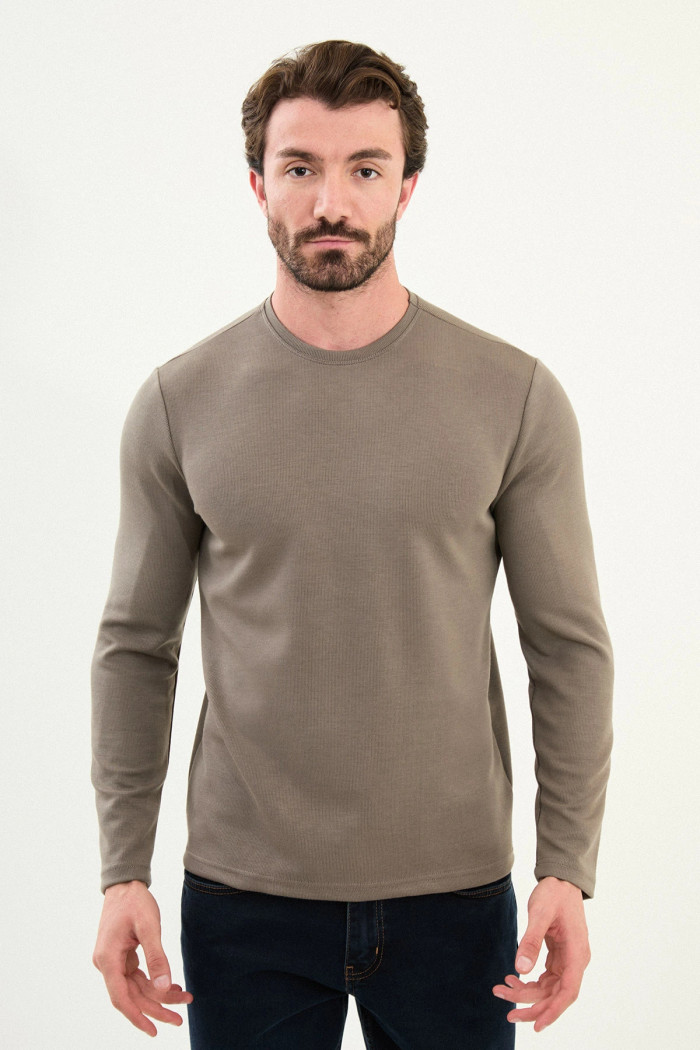 O Yaka Erkek Düz Bambu Kumaş Triko Sweat Gri