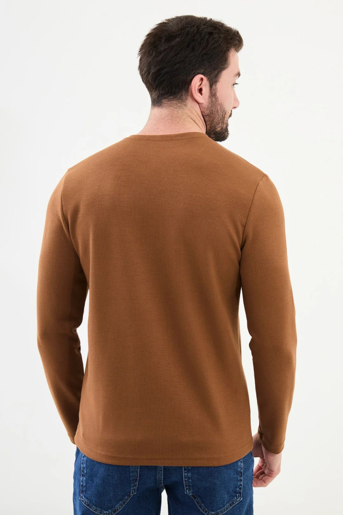 O Yaka Erkek Düz Bambu Kumaş Triko Sweat Camel