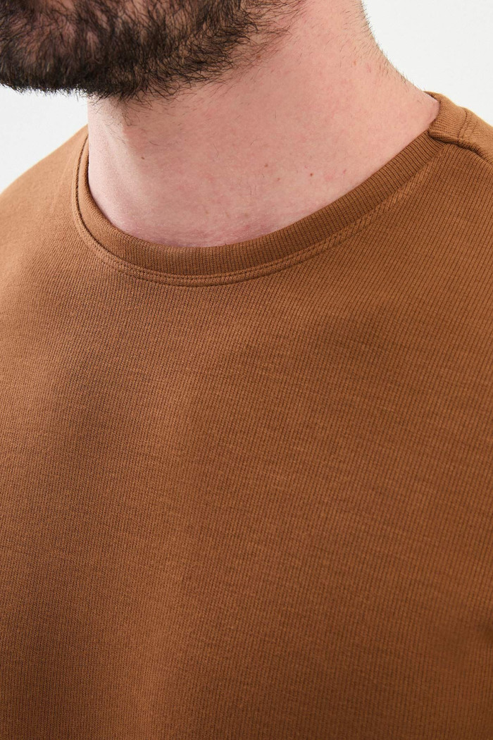 O Yaka Erkek Düz Bambu Kumaş Triko Sweat Camel