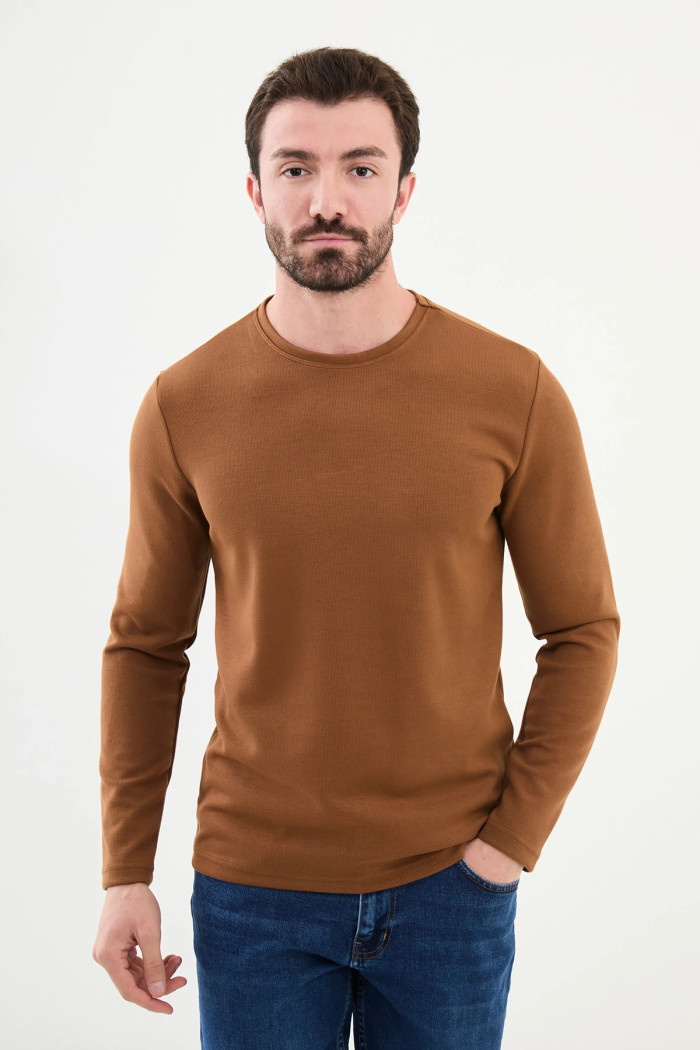 O Yaka Erkek Düz Bambu Kumaş Triko Sweat Camel