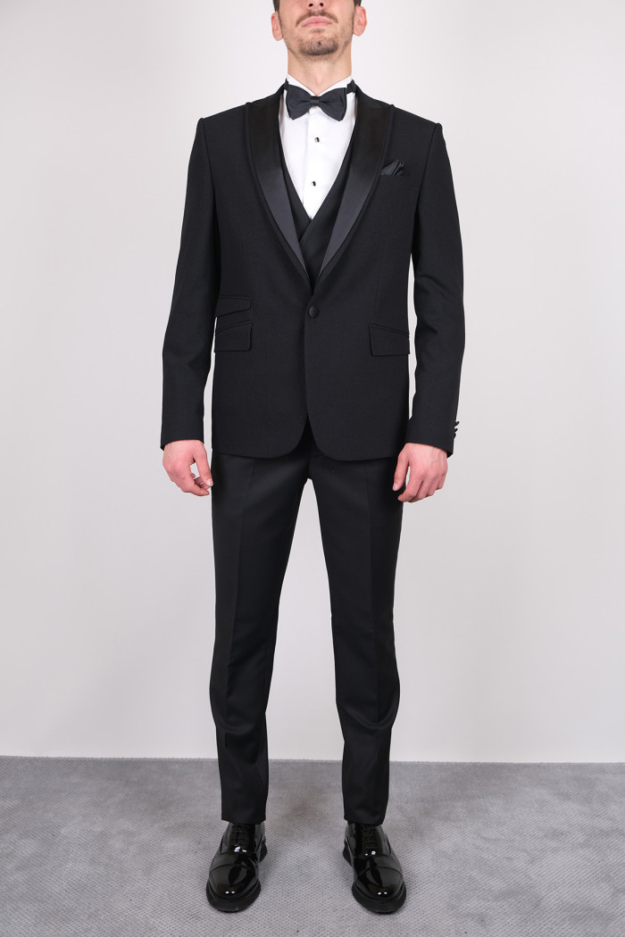 Slim Fit Kırlangıç Yaka Simli Smokin Siyah