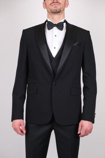 Slim Fit Kırlangıç Yaka Simli Smokin Siyah