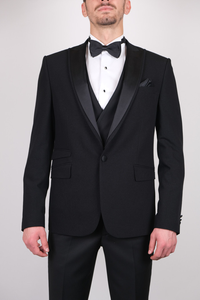 Slim Fit Kırlangıç Yaka Simli Smokin Siyah