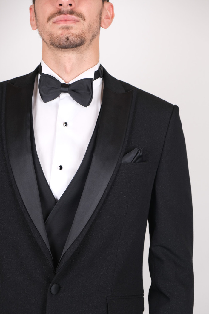Slim Fit Kırlangıç Yaka Simli Smokin Siyah