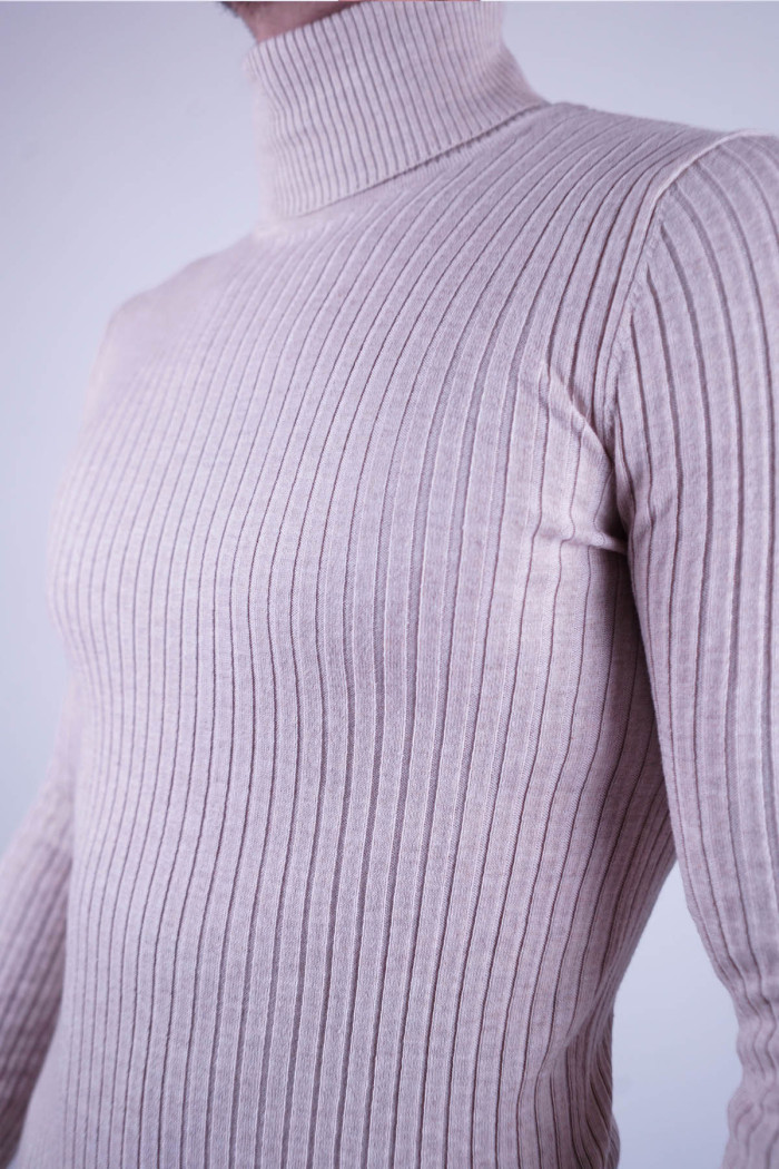 Extra Slim Fit Erkek Çizgi Desen Tam Boğazlı Triko Bej