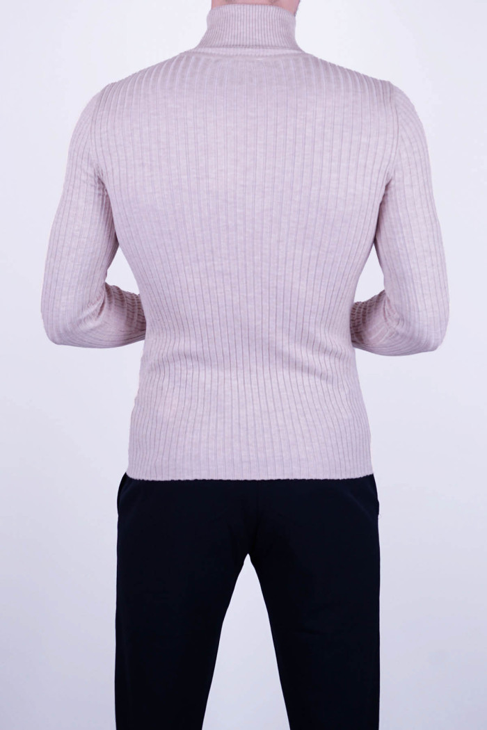 Extra Slim Fit Erkek Çizgi Desen Tam Boğazlı Triko Bej