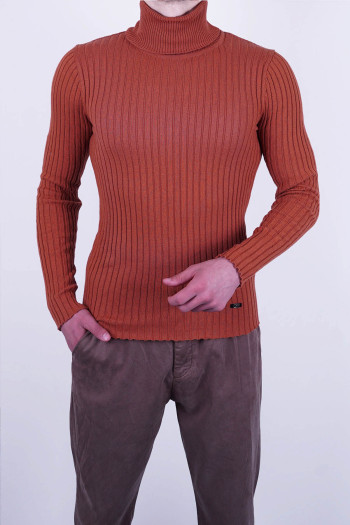 Extra Slim Fit Erkek Çizgi Desen Tam Boğazlı Triko Kiremit