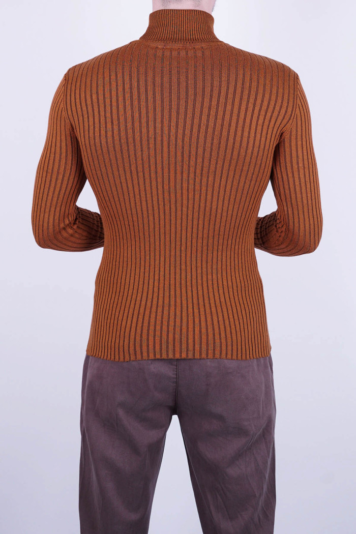 Extra Slim Fit Erkek Çizgi Desen Tam Boğazlı Triko Camel