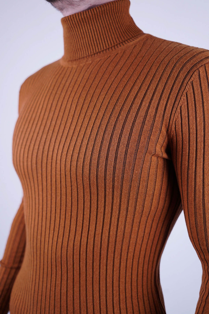 Extra Slim Fit Erkek Çizgi Desen Tam Boğazlı Triko Camel