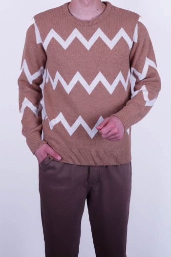 Slim Fit Erkek Desenli Örme O Yaka Yün Triko Kazak Camel