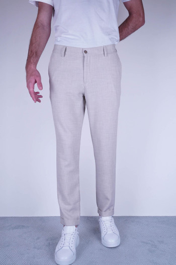 Slim Fit Erkek Lastikli Bel Dokulu Kumaş Pamuk Pantolon Krem