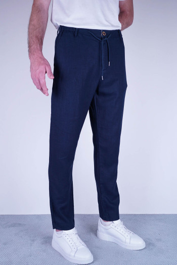 Relaxed Fit Erkek Havuç Kesim Ham Keten Jogger İpli Pantolon Lacivert