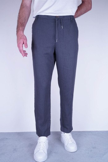 Relaxed Fit Erkek Havuç Kesim Ham Keten Jogger İpli Pantolon Gri