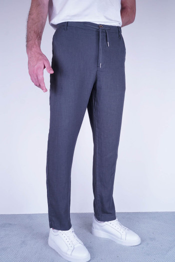 Relaxed Fit Erkek Havuç Kesim Ham Keten Jogger İpli Pantolon Gri