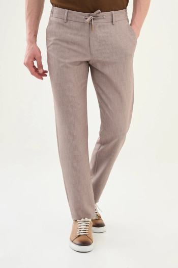 Slim Fit Erkek Çizgili Lastikli Bel  İpli Jogger Pantolon Vizon 