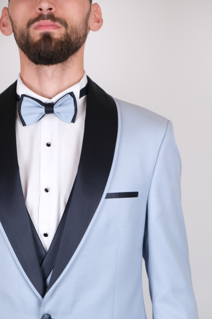 Slim Fit Erkek  Dokulu Şal Saten Yaka Smokin Buz Mavi