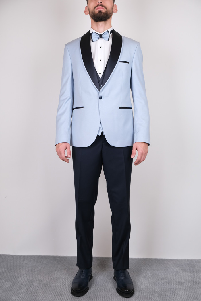 Slim Fit Erkek  Dokulu Şal Saten Yaka Smokin Buz Mavi