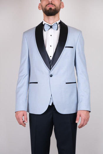 Slim Fit Erkek  Dokulu Şal Saten Yaka Smokin Buz Mavi