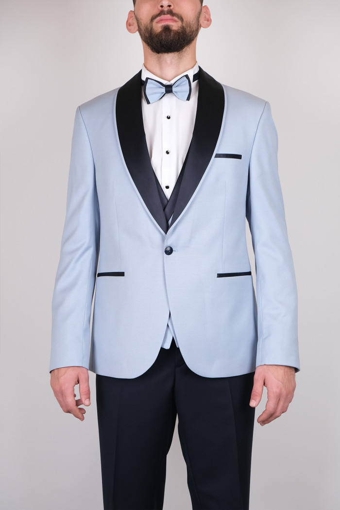 Slim Fit Erkek  Dokulu Şal Saten Yaka Smokin Buz Mavi