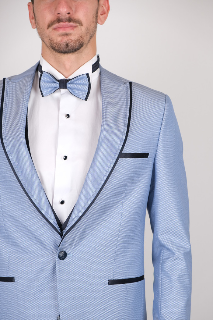 Slim Fit Erkek  Sivri Yaka Kombinli Armürlü Smokin Buz Mavi