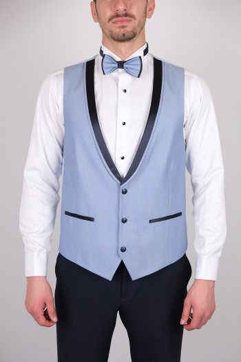 Slim Fit Erkek  Sivri Yaka Kombinli Armürlü Smokin Buz Mavi