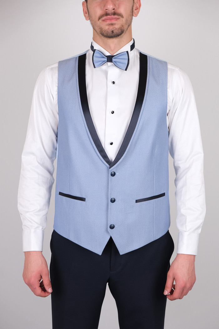 Slim Fit Erkek  Sivri Yaka Kombinli Armürlü Smokin Buz Mavi