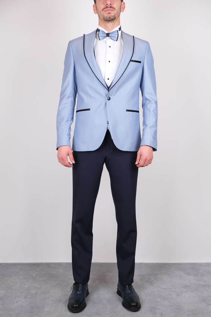Slim Fit Erkek  Sivri Yaka Kombinli Armürlü Smokin Buz Mavi