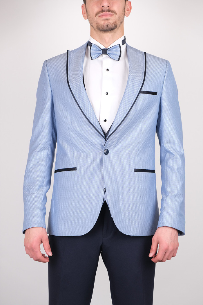 Slim Fit Erkek  Sivri Yaka Kombinli Armürlü Smokin Buz Mavi
