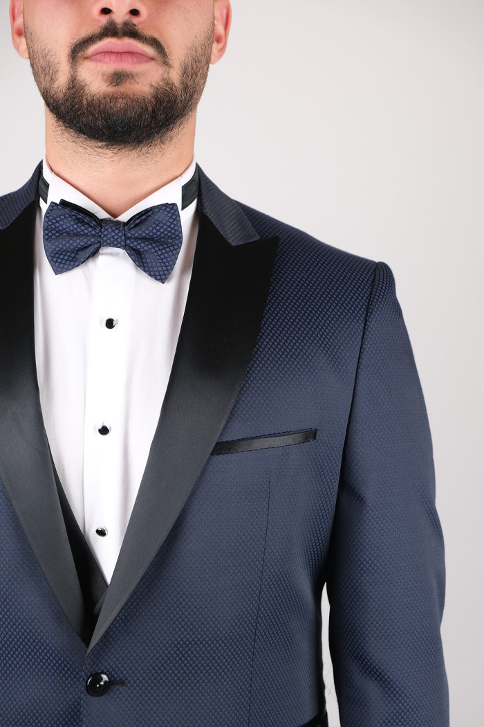 Slim Fit  Erkek Kırlangıç Yaka   Dokulu Armürlü  Orijinal Smokin Lacivert