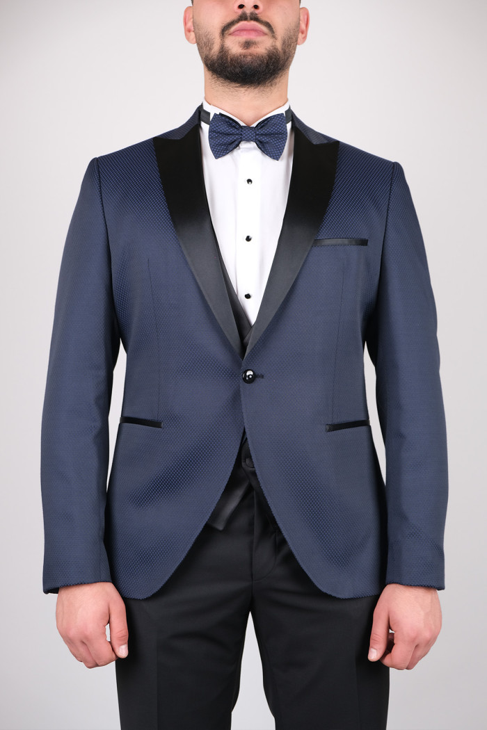Slim Fit  Erkek Kırlangıç Yaka   Dokulu Armürlü  Orijinal Smokin Lacivert