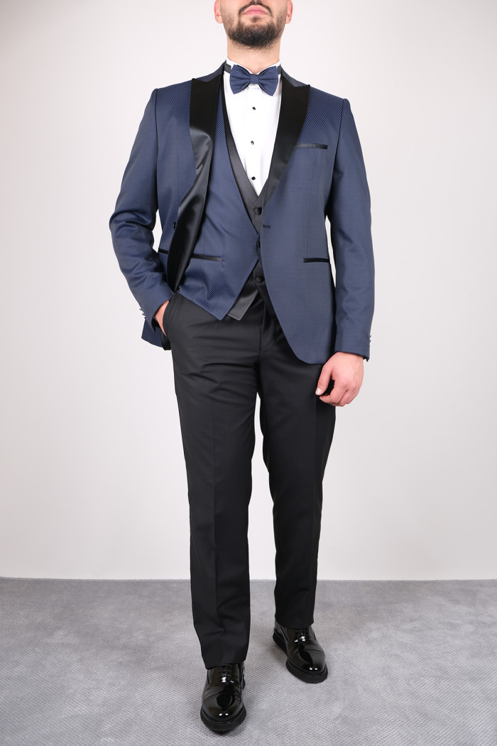Slim Fit  Erkek Kırlangıç Yaka   Dokulu Armürlü  Orijinal Smokin Lacivert