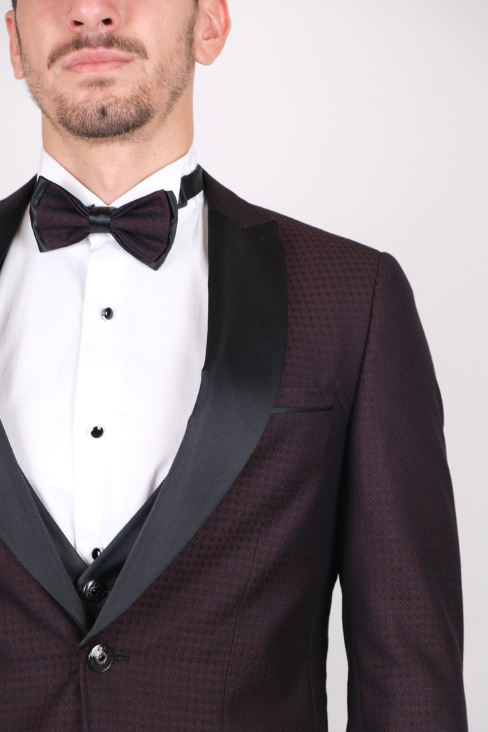 Slim Fit  Erkek Dokulu Kırlangıç Yaka Armürlü  Kombinli Smokin Bordo