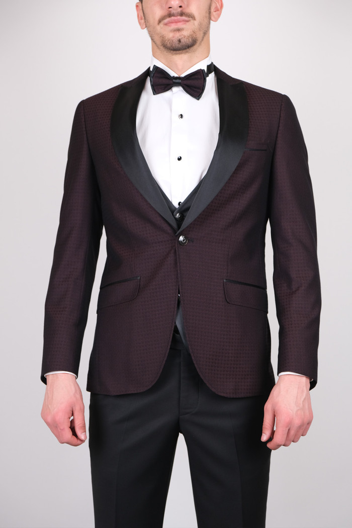 Slim Fit  Erkek Dokulu Kırlangıç Yaka Armürlü  Kombinli Smokin Bordo