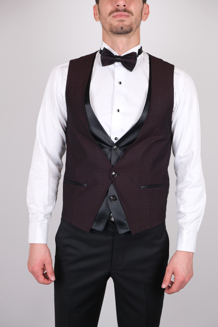 Slim Fit  Erkek Dokulu Kırlangıç Yaka Armürlü  Kombinli Smokin Bordo