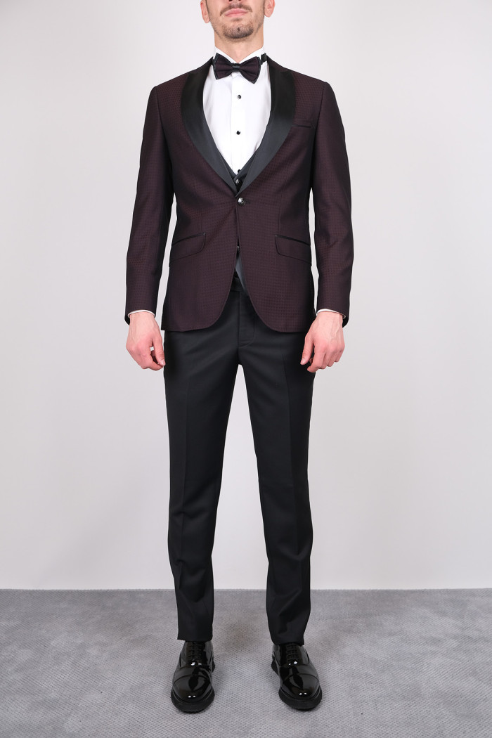 Slim Fit  Erkek Dokulu Kırlangıç Yaka Armürlü  Kombinli Smokin Bordo