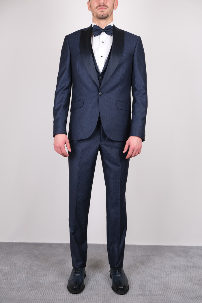 Slim Fit Erkek  Kırlangıç Saten  Yaka Armürlü Smokin Lacivert