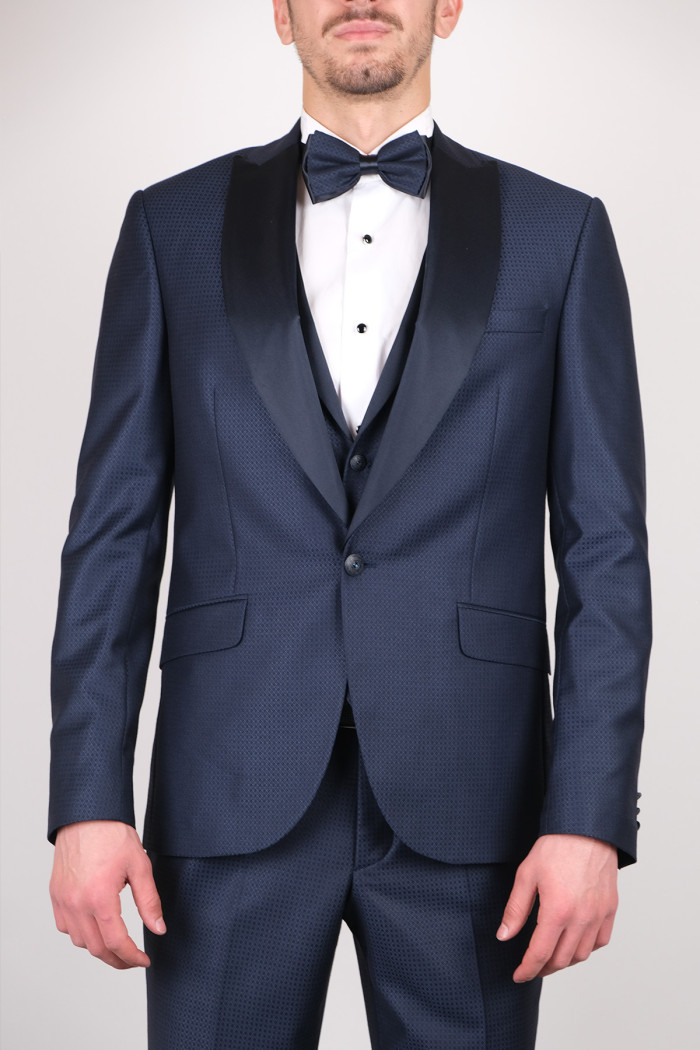 Slim Fit Erkek  Kırlangıç Saten  Yaka Armürlü Smokin Lacivert