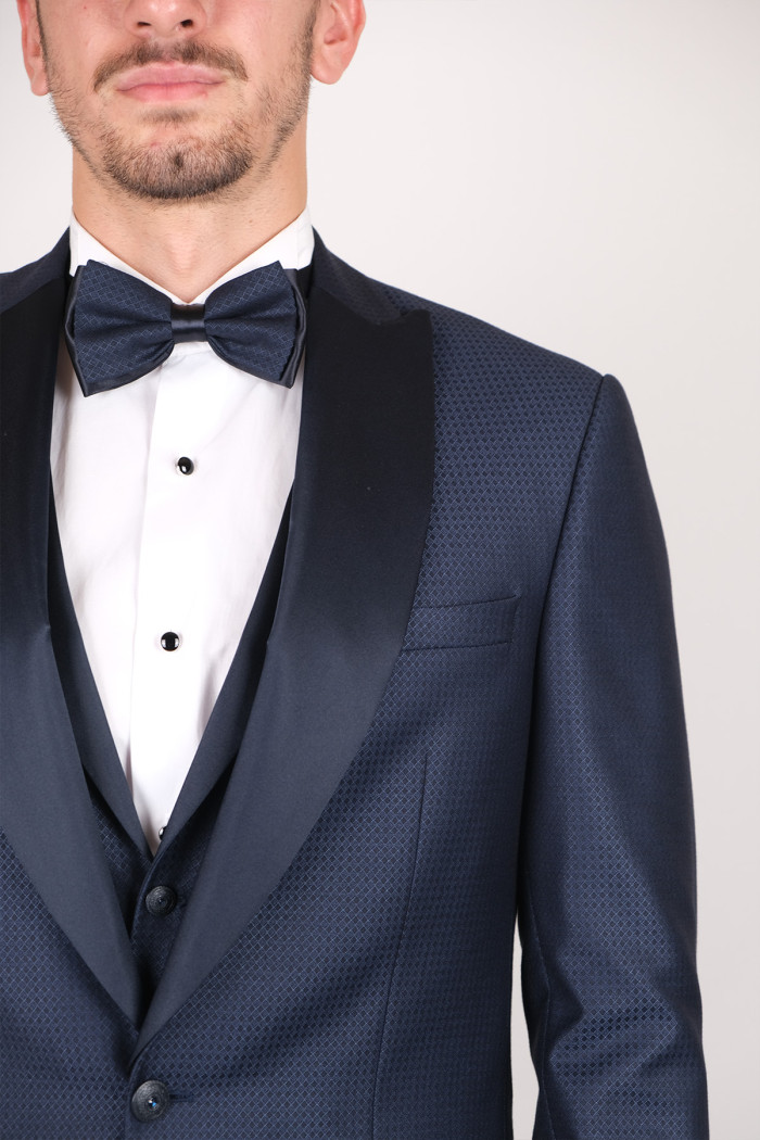 Slim Fit Erkek  Kırlangıç Saten  Yaka Armürlü Smokin Lacivert