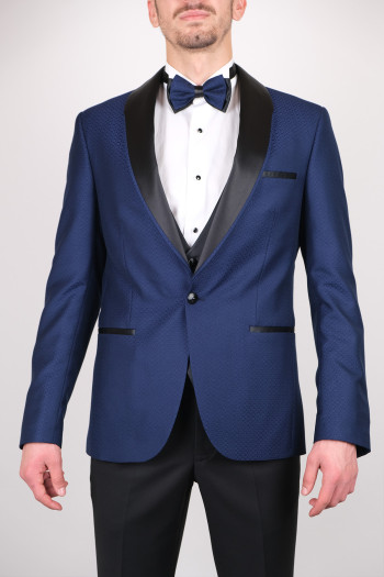 Slim Fit  Erkek Saten Şal Yaka Kombinli  Armürlü Smokin Mavi