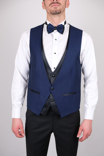 Slim Fit  Erkek Saten Şal Yaka Kombinli  Armürlü Smokin Mavi