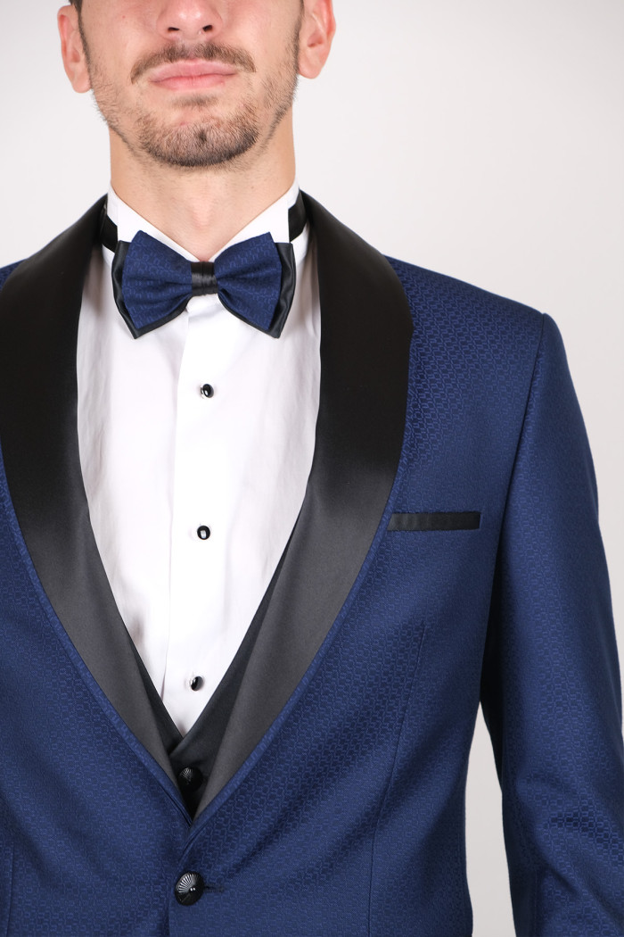 Slim Fit  Erkek Saten Şal Yaka Kombinli  Armürlü Smokin Mavi
