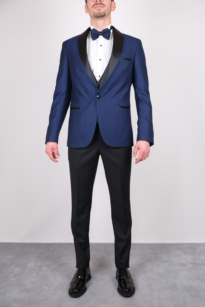 Slim Fit  Erkek Saten Şal Yaka Kombinli  Armürlü Smokin Mavi