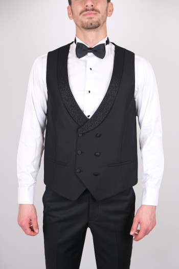 Slim Fit  Erkek Simli Şal Yaka Yelekli  Smokin Siyah