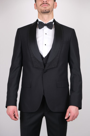 Slim Fit  Erkek Simli Şal Yaka Yelekli  Smokin Siyah