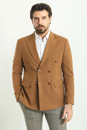 Slim Fit Erkek Sivri Yaka Kruvaze Tek Ceket