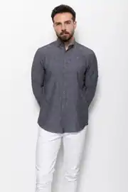 Slim Fit Erkek Düğmeli Yaka Keten Uzun Kol Gömlek 2