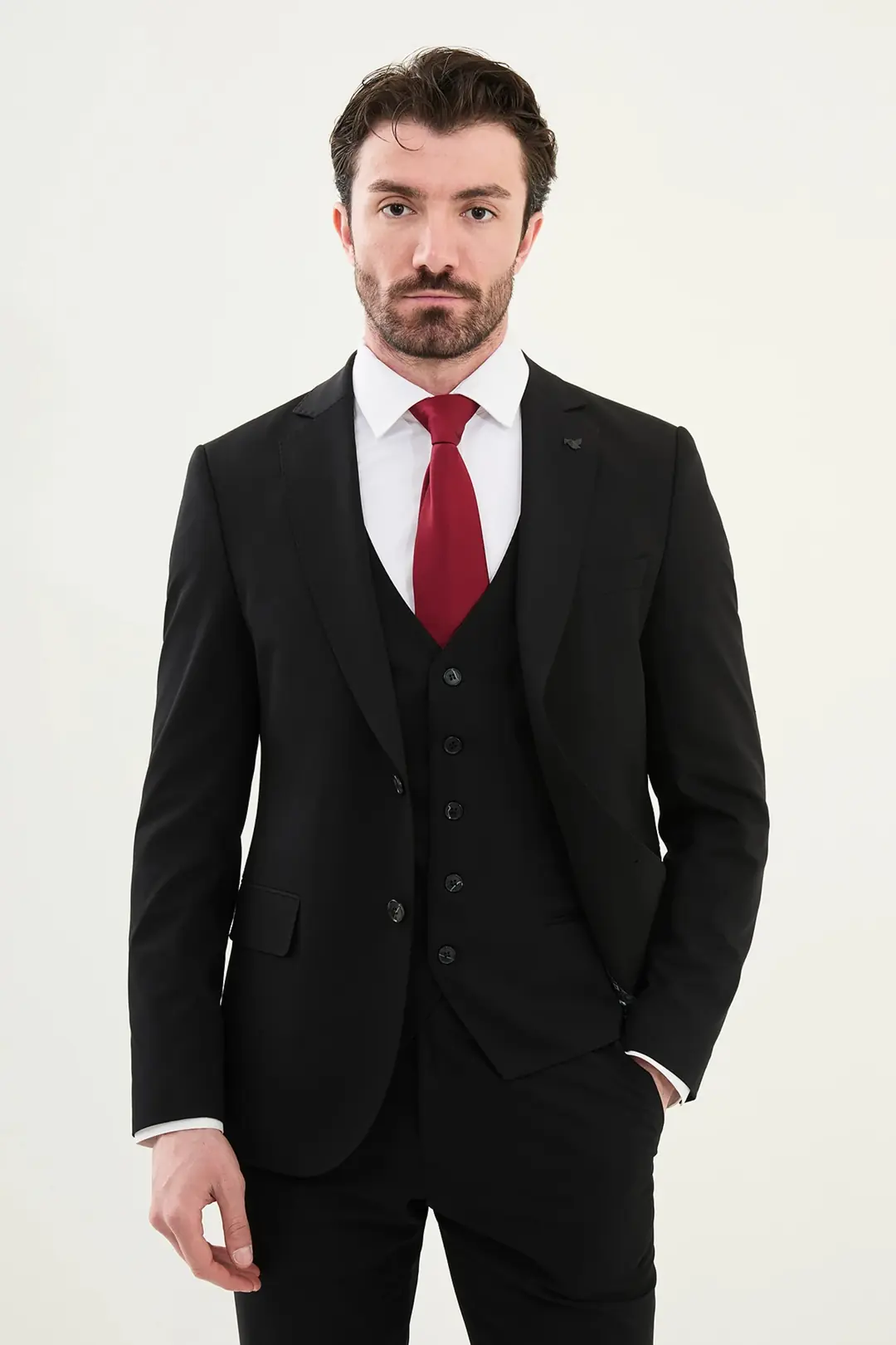 Slim Fit Erkek Mono Yaka Yelekli Likralı Çift Düğme 4  Drop Takım Elbise 3