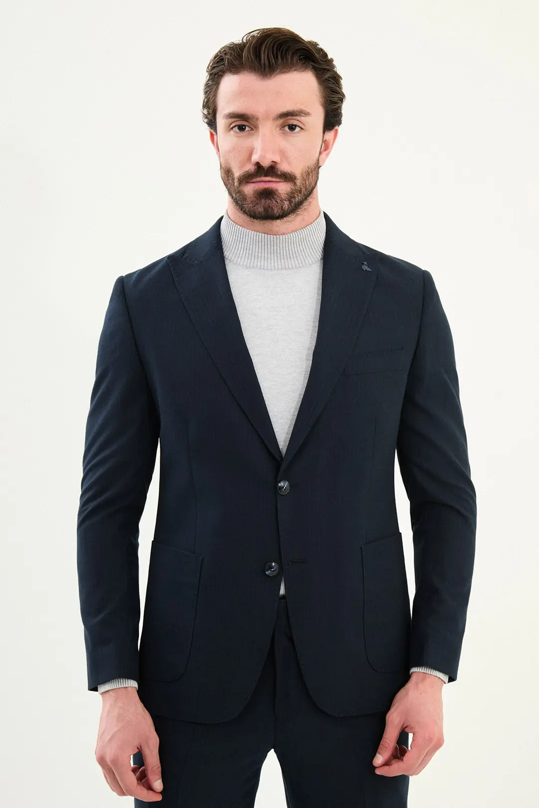 Erkek Kırlangıç Yaka Yünlü Çizgili Kumaş Torba Cep Slim Fit  Takım Elbise  - LACİVERT