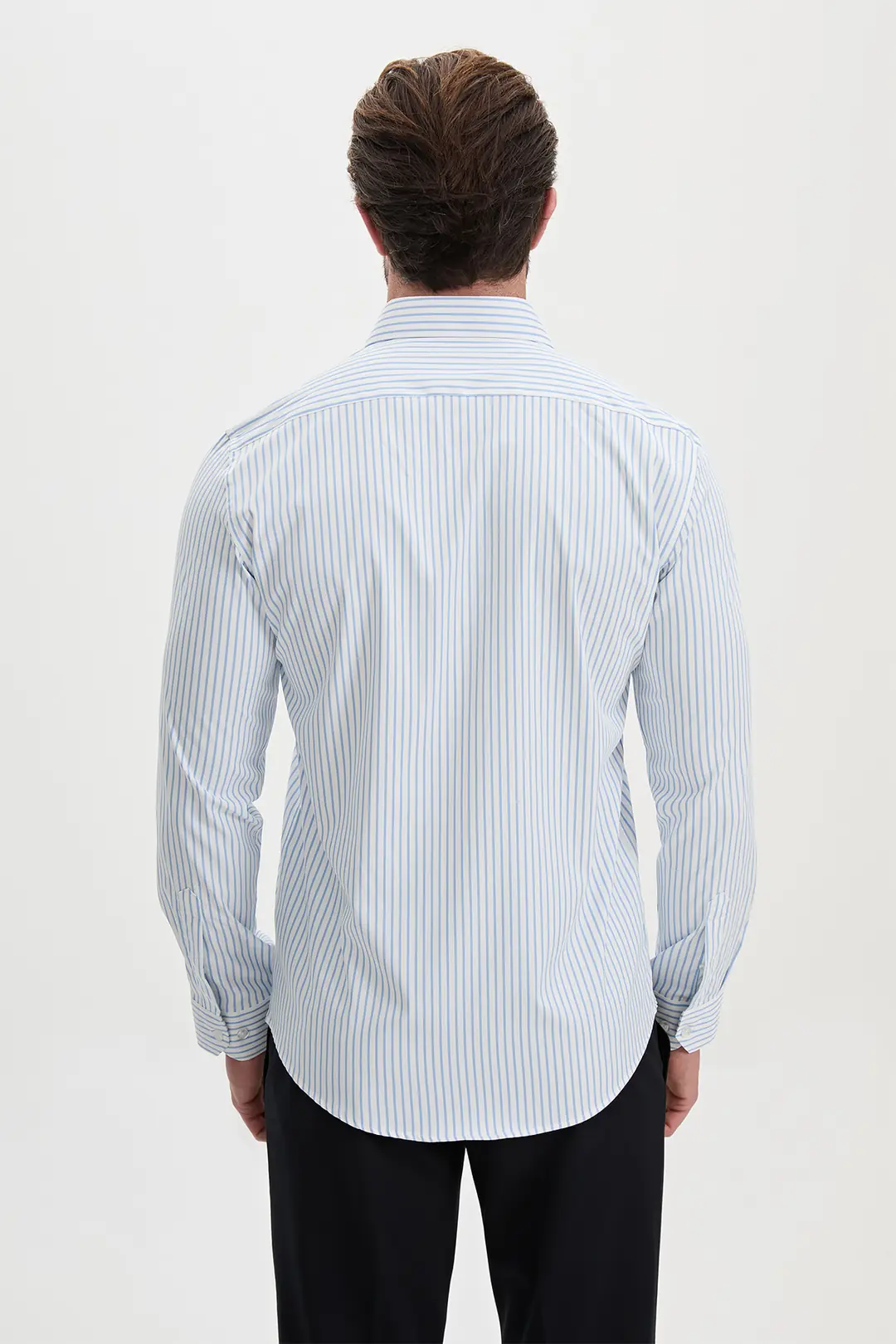 Slim Fit Erkek Geniş Yaka Çizgili Pamuklu Gömlek  4