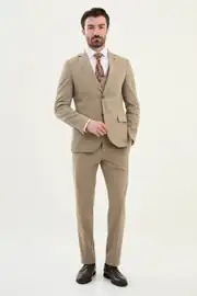 Slim Fit Erkek Mono Yaka Yelekli Takım Elbise 4